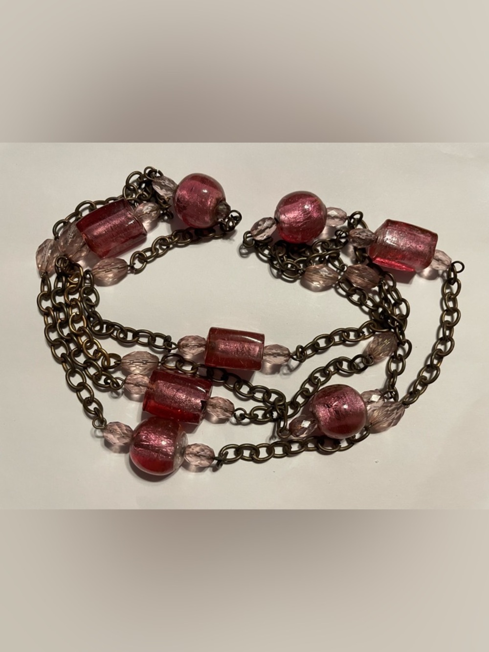 Cranberry & Pink Dichroic & Crystal Art Glass 61” Long Bead Necklace #9253